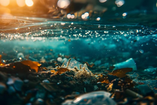 Plastic pollution in the ocean, garbage floating under water illuminated with sunlight. Neural network generated image. Not based on any actual scene or pattern.