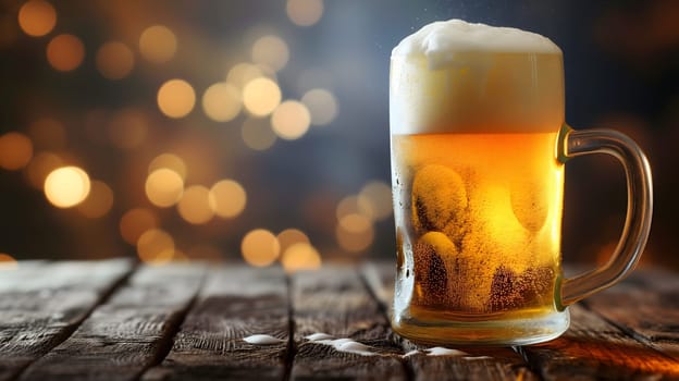 Cold mug with beer, with overflowing froth, on wooden table and dark background with copy space. Neural network generated image. Not based on any actual scene or pattern.