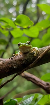 A frog resting on a tree branch in dense jungles. Neural network generated image. Not based on any actual scene or pattern.