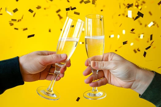 Two hands clinking champagne glasses against vibrant yellow background with gold confetti. Neural network generated image. Not based on any actual scene or pattern.