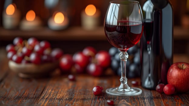 Glass with red wine and wine bottle on the right over a wooden table in the pub background with copy space. Neural network generated image. Not based on any actual scene or pattern.
