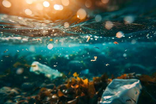 Plastic pollution in the ocean, garbage floating under water illuminated with sunlight. Neural network generated image. Not based on any actual scene or pattern.