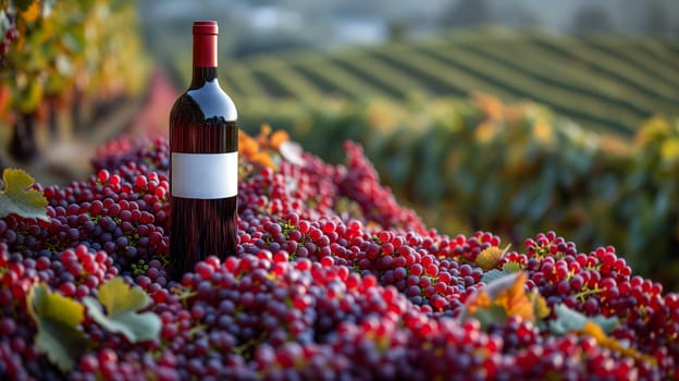 A red wine bottle in front of a landscape of grape farmland. Neural network generated image. Not based on any actual scene or pattern.