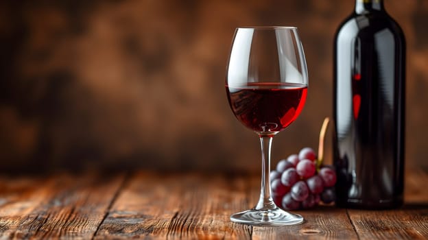 Glass with red wine and wine bottle on the right over a wooden table in the pub background with copy space. Neural network generated image. Not based on any actual scene or pattern.