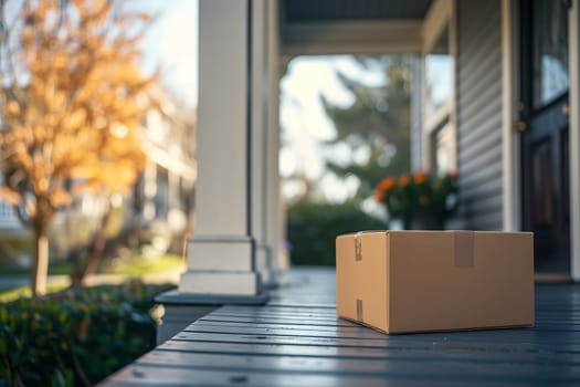 Cardboard box in front of residential home entrance at sunny day. Neural network generated image. Not based on any actual person or scene.