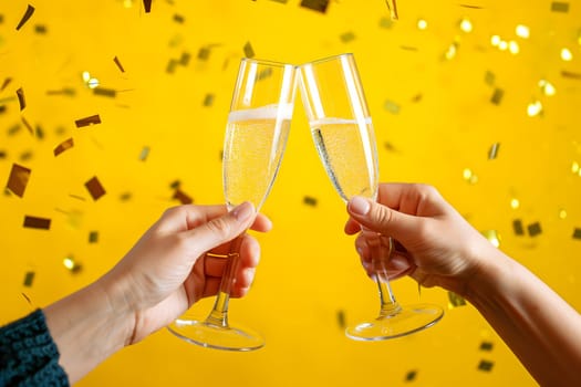 Two hands clinking champagne glasses against vibrant yellow background with gold confetti. Neural network generated image. Not based on any actual scene or pattern.