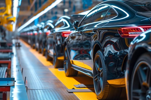 Black cars on the conveyor in factory during leas stages of manufacturing. Neural network generated image. Not based on any actual scene or pattern.