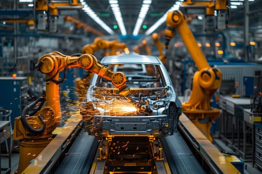 Robotic welding of car bodies at car manufacturing factory line. Neural network generated image. Not based on any actual scene or pattern.