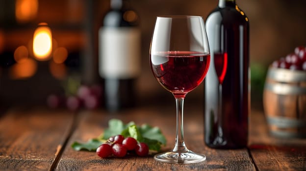 Glass with red wine and wine bottle on the right over a wooden table in the pub background with copy space. Neural network generated image. Not based on any actual scene or pattern.