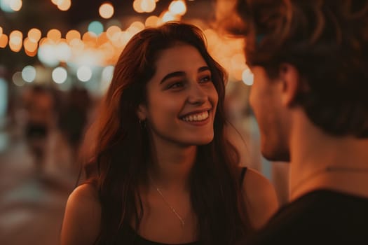 He is hitting on her. Heterosexual relationships concept. Neural network generated image. Not based on any actual scene or pattern.