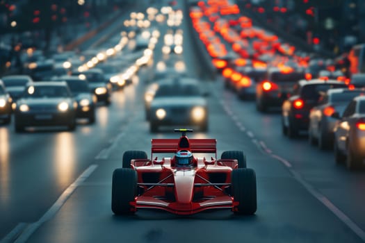 Formula 1 car stuck in traffic at the rush hour on the road of a capital city. Neural network generated image. Not based on any actual scene or pattern.