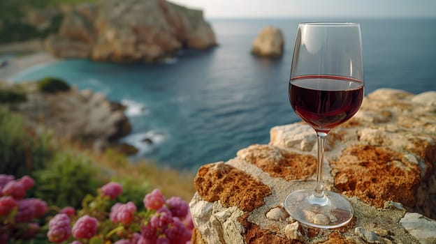 A glass of red wine on a stone wall, sea background, realistic, selective focus. Neural network generated image. Not based on any actual scene or pattern.