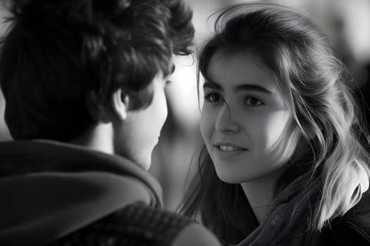 He is hitting on her. Heterosexual relationships concept. Neural network generated image. Not based on any actual scene or pattern.
