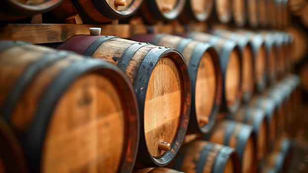 Wine barrels arranged neatly in the wine cellar. Neural network generated image. Not based on any actual scene or pattern.