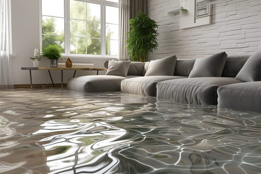 Home Floor Flooded, Showcasing Water Damage And Potential Issues. Neural network generated image. Not based on any actual scene or pattern.