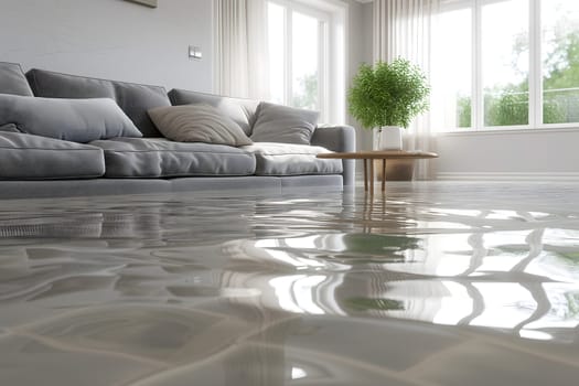 Home Floor Flooded, Showcasing Water Damage And Potential Issues. Neural network generated image. Not based on any actual scene or pattern.