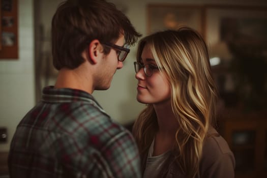 He is hitting on her. Heterosexual relationships concept. Neural network generated image. Not based on any actual scene or pattern.
