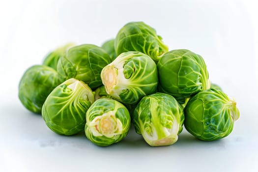 Small heap of brussels sprouts on white background. Neural network generated image. Not based on any actual scene or pattern.