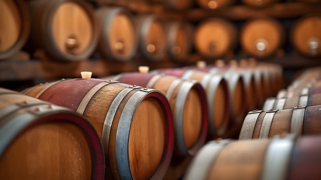 Wine barrels arranged neatly in the wine cellar. Neural network generated image. Not based on any actual scene or pattern.