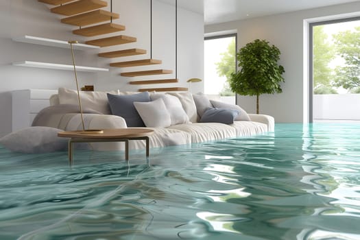 Home Floor Flooded, Showcasing Water Damage And Potential Issues. Neural network generated image. Not based on any actual scene or pattern.