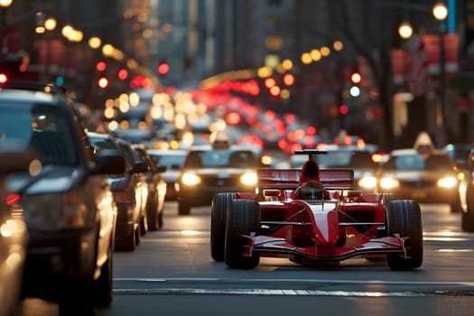 Formula 1 car stuck in traffic at the rush hour on the road of a capital city. Neural network generated image. Not based on any actual scene or pattern.