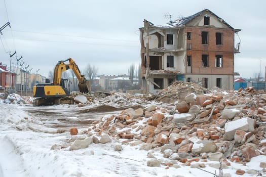 Excavator near destroyed houses in the city after war. Neural network generated image. Not based on any actual scene or pattern.