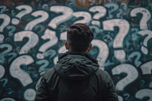 man standing in front of wall with many question marks drawings. Neural network generated image. Not based on any actual scene or pattern.