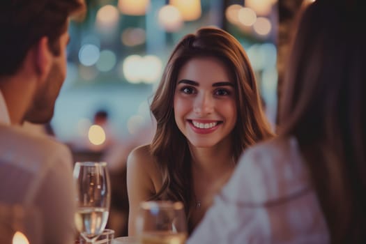 Smiling young adult woman dating with young adult man at the restaurant. Neural network generated image. Not based on any actual scene or pattern.