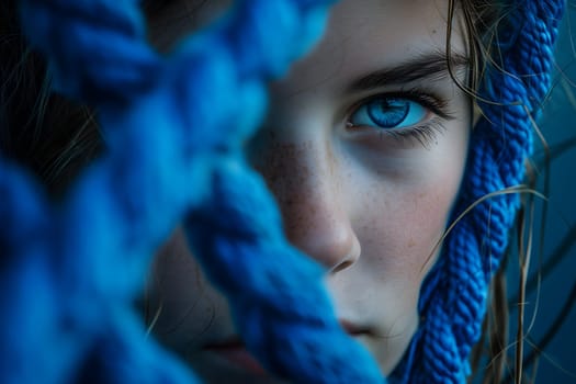 female face tangled up in blue. Neural network generated image. Not based on any actual scene or pattern.