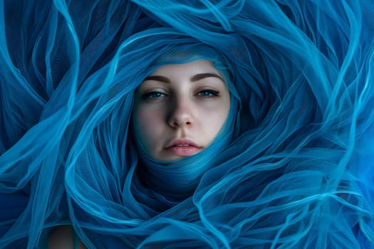 female face tangled up in blue. Neural network generated image. Not based on any actual scene or pattern.