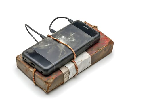 Improvised explosive device with cellphone and plastic explosive on white background. Neural network generated image. Not based on any actual scene or pattern.