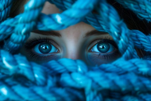 female face tangled up in blue. Neural network generated image. Not based on any actual scene or pattern.