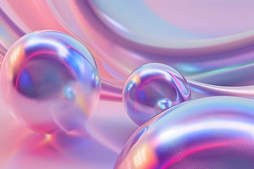 Colorful bright dreamy holo glass bubbles and waves background and wallpaper. Neural network generated in January 2024. Not based on any actual scene or pattern.