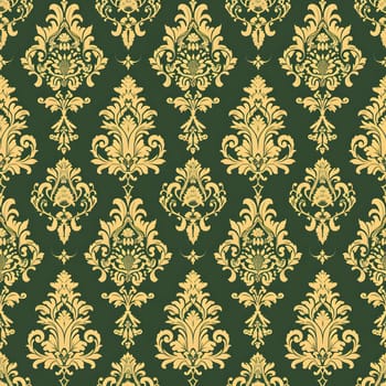 Seamless texture of green and gold damask pattern. Neural network generated image. Not based on any actual scene or pattern.