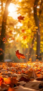 Beautiful autumn view with colorful foliage in the park. Falling leaves background with copy space and selective focus. Neural network generated in January 2024. Not based on any actual scene or pattern.