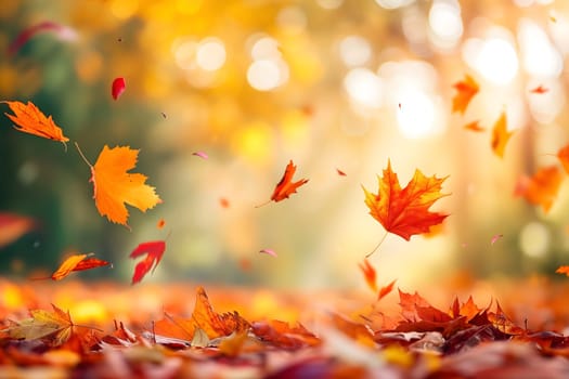 Beautiful autumn view with colorful foliage in the park. Falling leaves background with copy space and selective focus. Neural network generated in January 2024. Not based on any actual scene or pattern.