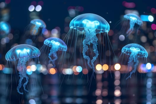 Glowing blue jellyfish UFO over night city. Neural network generated image. Not based on any actual scene or pattern.