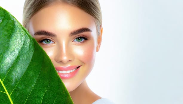Beauty Spa Woman with a Fresh Leaf over Face
