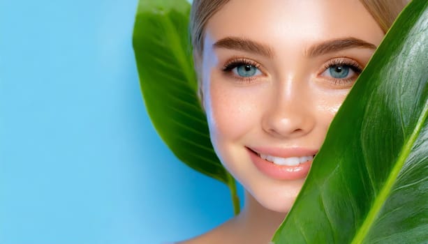 Beauty Spa Woman with a Fresh Leaf over Face
