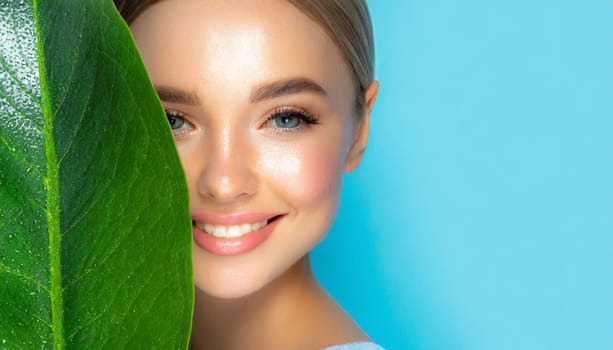 Beauty Spa Woman with a Fresh Leaf over Face