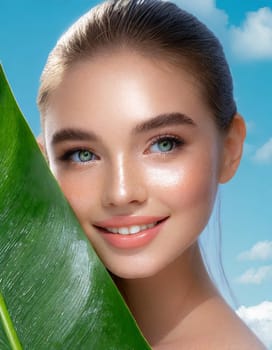 Beauty Spa Woman with a Fresh Leaf over Face