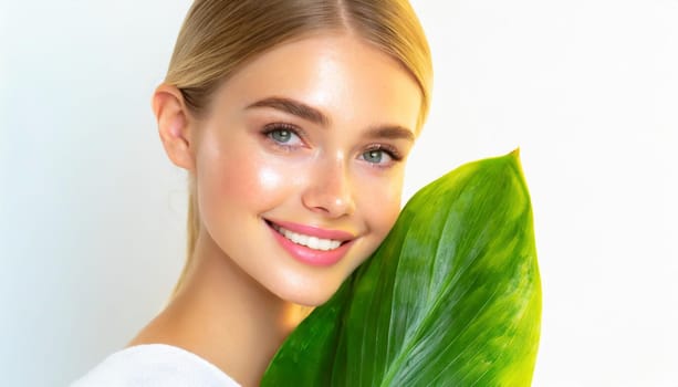 Beauty Spa Woman with a Fresh Leaf over Face