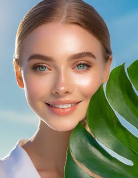 Beauty Spa Woman with a Fresh Leaf over Face