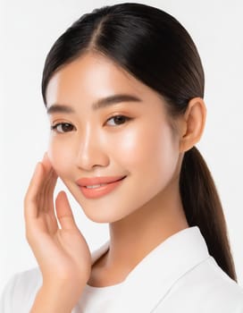 Skin care. Woman with beauty face touching healthy facial skin portrait. Beautiful smiling asian girl model with natural makeup touching glowing hydrated skin on blue background closeup