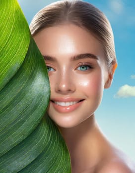 Beauty Spa Woman with a Fresh Leaf over Face