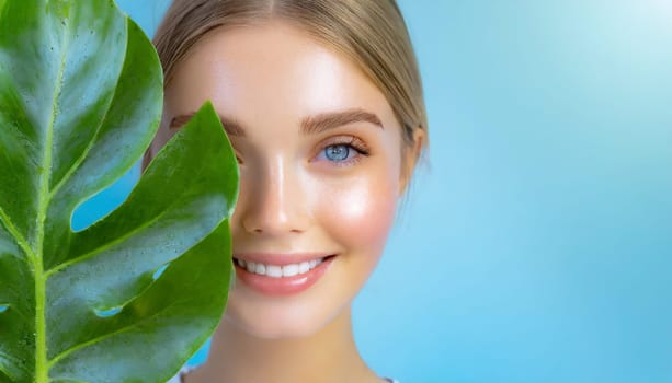 Beauty Spa Woman with a Fresh Leaf over Face