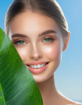 Beauty Spa Woman with a Fresh Leaf over Face