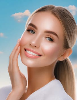 Skin care. Woman with beauty face touching healthy facial skin portrait. Beautiful smiling asian girl model with natural makeup touching glowing hydrated skin on blue background closeup