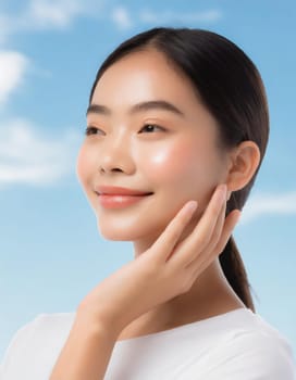 Skin care. Woman with beauty face touching healthy facial skin portrait. Beautiful smiling asian girl model with natural makeup touching glowing hydrated skin on blue background closeup