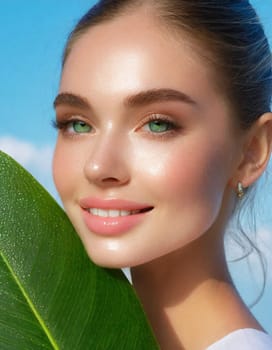 Beauty Spa Woman with a Fresh Leaf over Face